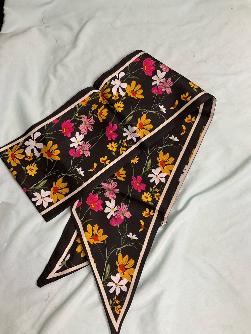 Black Floral Twilly Scarf with Pink & Yellow Blooms